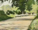 Sheep being driven along a country lane by Isabel Wylie Lowe, 1915, watercolour, offered Mar 2022