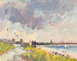 Figures walking near the coast, Gorleston cliffs by Geoffrey Chatten, oil on board, sold Mar 2022