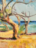 Colourful landscape with trees on the beach by F.W. Lamb, oil on canvas, sold Mar 2022