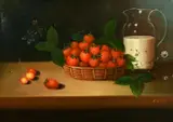Still life of strawberries in a basket with a jug of cream by K. Mills, oil on canvas, sold Mar 2022