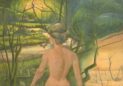 A female figure by a meandering stream by Brian Chugg, 1953, mixed media, sold Mar 2022