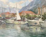 Ukrainian, boats moored in a natural harbour by Yuro Pryadko, oil on canvas, sold Mar 2022