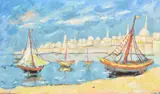 German/Israeli, sailboats moored in a port by Yehuda Wallersteiner, oil on canvas, sold Mar 2022