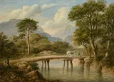 Scottish, An extensive mountain river landscape with a horse and figure crossing a bridge by James Nasmyth, oil on panel, sold Mar 2022