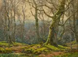 British, Trees in a winter wood with moss on the ground by Frederick Golden Short, oil on board, offered Mar 2022
