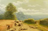 British, harvesting scene with men cutting the hay on the edge of a field near a gate with wild flowers by Charles Henry Passey, oil on canvas, sold Mar 2022