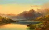 British, a figure in a rowing boat at dusk on a mountain lake by Joseph Horlor, oil on canvas, sold Mar 2022