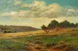 British, sheep and cattle on a hillside in summer by Davenport Bates, oil on canvas, offered Mar 2022