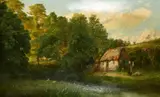 British, a female figure hanging clothes by a stone cottage with ducks resting on a riverbank by James Hayllar, oil on canvas, offered Mar 2022
