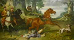 British, figures and a startled horse chasing deer by Alexander Davis Cooper, oil on canvas, sold Mar 2022
