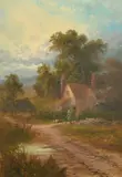 British, a female figure feeding chickens outside a country cottage by Sidney Yates Johnson, oil on canvas, offered Mar 2022