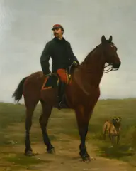 French, Portrait of a French gentleman mounted on a horse with a dog, 'Homage de reconnaissance by Nicolas Sicard, 1877, oil on canvas, sold Mar 2022