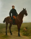 French, Portrait of a French gentleman mounted on a horse with a dog, 'Homage de reconnaissance by Nicolas Sicard, 1877, oil on canvas, sold Mar 2022