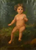 A naked child holding wildflowers by a river by George Marchetti, oil on canvas, sold Mar 2022