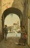 British, figures in an archway by a Venetian canal by Henry Woods, oil on canvas, offered Mar 2022