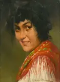 Austrian, Portrait of a woman wearing a red, pink and green shawl by Franz Obermüller, oil on canvas, sold Mar 2022