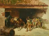 Picadors in a stable by Daniel Cortes Perez, oil on board, sold Mar 2022