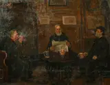 Scottish, A tavern scene with three men seated at a table with drinks by Donald Swan, oil on canvas, sold Mar 2022
