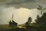 Moored sailing boats on the coast with a grey stormy sky by Adolphus Knell, oil on canvas, offered Mar 2022