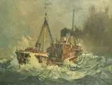 North of the Faroes' A steam ship on rough seas by Harry Hudson Rodmell, oil on canvas, offered Mar 2022