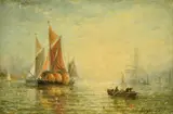 A rowing boat approaching moored vessels at dusk by Adolphus Knell, oil on panel, offered Mar 2022
