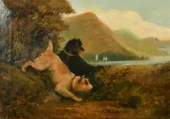 Terriers ratting with sailboats on a mountain lake beyond by Charles Dudley, oil on canvas, sold Mar 2022