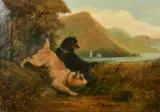 Terriers ratting with sailboats on a mountain lake beyond by Charles Dudley, oil on canvas, sold Mar 2022