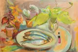 British, a still life of fish on a plate surrounded by plants by Phyllis Bray, oil on canvas, sold Mar 2022