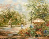 Figures by a flower stall with the Sacre-Coeur Basilica beyond by C. Pierre LaTour, oil on canvas, offered Mar 2022