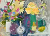 Scottish, A still life of colourful flowers in vases by Sheila Macnab MacMillan, oil on canvas, sold Mar 2022