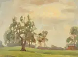British, a view of trees with sun breaking through cloud by John Brown, oil on board, offered Mar 2022