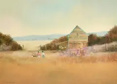 Figures having a picnic in an extensive landscape by John Bond, 1985, oil on board, sold Mar 2022