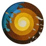 Browns, yellows and blues in a round with splashes of silver and gold by George Tincu, oil on board, offered Mar 2022