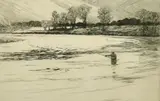 British, an angler wading in a wide river by Norman Wilkinson, etching, sold Mar 2022