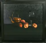Still life of a brass kettle, peaches and a glass of wine by George Tincu, oil on canvas, sold Mar 2022