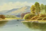 A rowing boat and birds on a mountain river by W. H. McLain, watercolour, sold Mar 2022