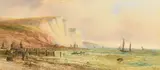 A busy beach scene along the coast near white cliffs with figures and boats on the beach and sailing boats out to sea by E. Lewes, watercolour, sold Mar 2022