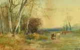 British, A landscape view with cattle drinking from a pool of water and others grazing beyond by Henry Charles Fox, 1902, watercolor, sold Mar 2022