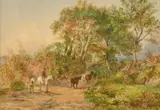 British, a wayfarer and a cattle drover on a country lane by George Hayes, 1864, watercolour, offered Mar 2022