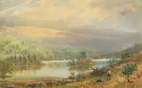 British, a man and his dog by a mountain lake by Ebenezer Alfred Warmington, watercolour, offered Mar 2022