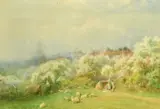 An extensive Spring landscape with sheep and lambs in a field with figures attending by F. Mercier, watercolour, sold Mar 2022