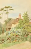 British, figures in a blooming cottage garden by Thomas Nicholson Tyndale, watercolour, offered Mar 2022