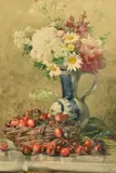 French, A still life of flowers in a blue and white vase and cherries in a basket by François Rivoire, watercolour, offered Mar 2022