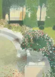 Garden scene with pots of pink, red and white flowers by Gerald Mynott, 1980, watercolour, offered Mar 2022