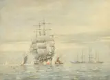 British, Tall ships with a tugboat and other sail boats out to sea by Fred Kelsey, watercolour, offered Mar 2022