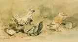 French, a study of chickens and ducks by Eugène Lambert, watercolour and ink, offered Mar 2022