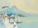 British, Figures and a sailing boat on the edge of a Venetian lake with mountains beyond by Godwin Bennett, watercolour, offered Mar 2022