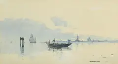 A view of the Venice lagoon with gondolas and sailing boats by Millo Bortoluzzi, watercolour, sold Mar 2022