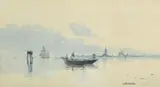 A view of the Venice lagoon with gondolas and sailing boats by Millo Bortoluzzi, watercolour, sold Mar 2022