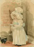 British, a young girl with a saucer of milk for her cat by George Cruickshank, 1888, watercolour, offered Mar 2022
